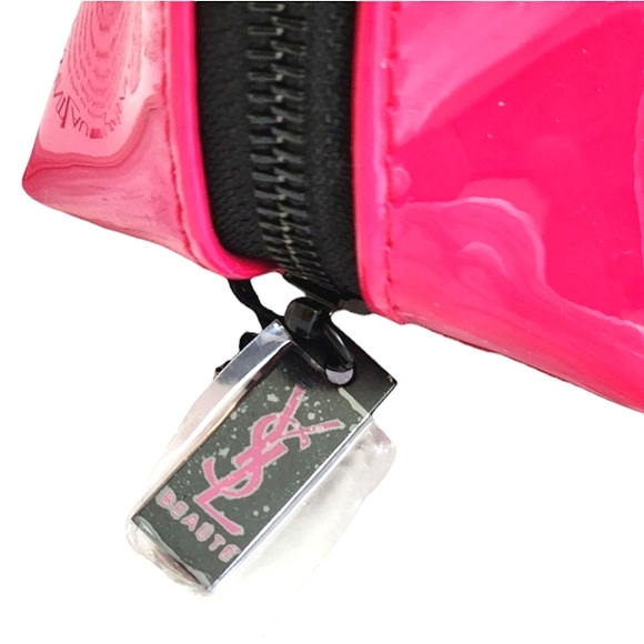 YVES SAINT LAURENT HOT PINK & BLACK PATENT LEATHER COSMETIC DOME POUCH NWT - Picture 4 of 12